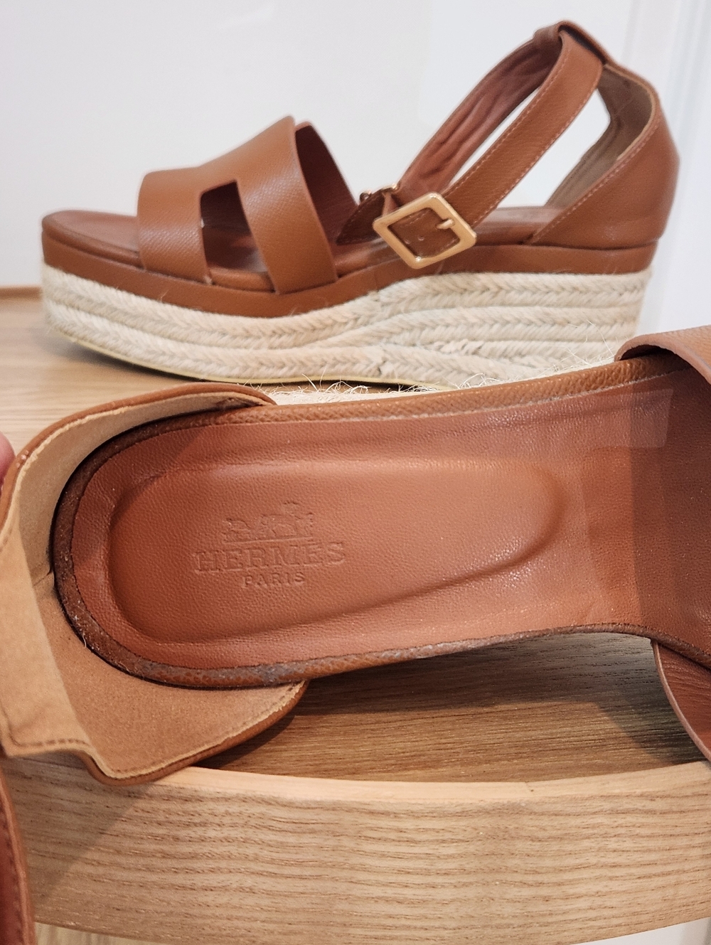 Hermes Elda Tan Leather Platform Espadrille Wedge Strap Heels Size 39 / 8-8.5 - Picture 5 of 11